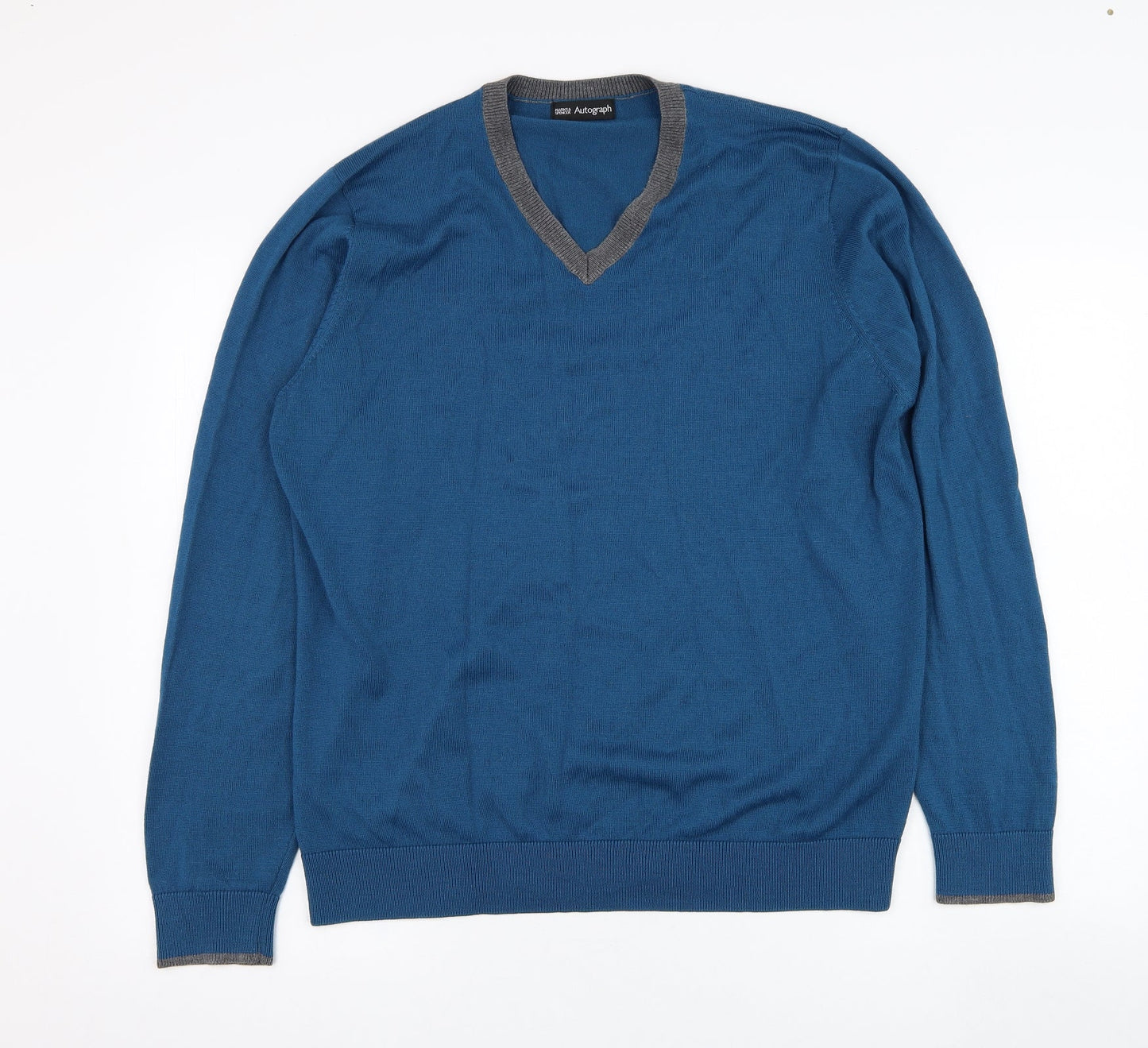 Marks and Spencer Mens Blue V-Neck  Acrylic Pullover Jumper Size L