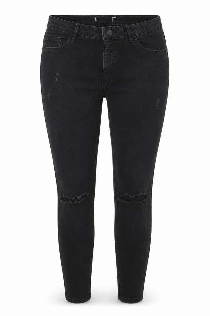 Front view of women’s black cotton skinny jeans, size UK 34, in, 28-inch leg regular zip