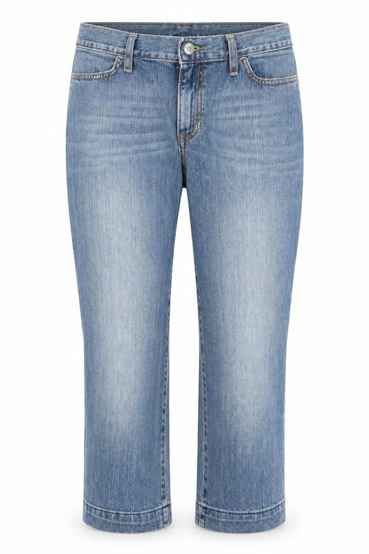 Front view of Gap women’s blue cotton straight jeans, size UK 6, 20.5-inch leg regular zip