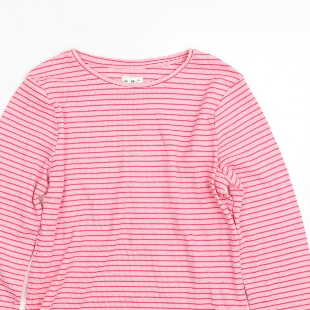 F&F Girls Pink Crew Neck Striped Cotton Pullover Jumper Size 13-14 Years  Pullover