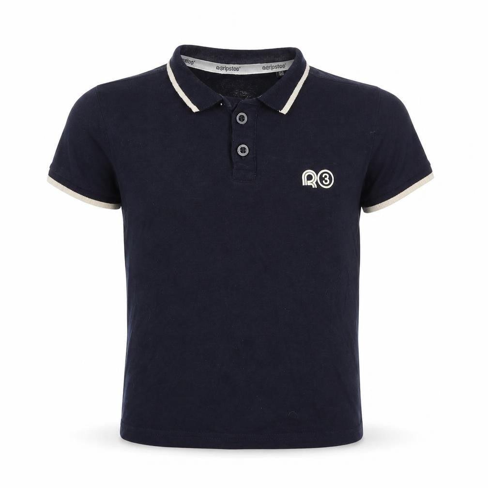 Front view of Ripstop boys’ blue 100% cotton basic polo, size S, collared button