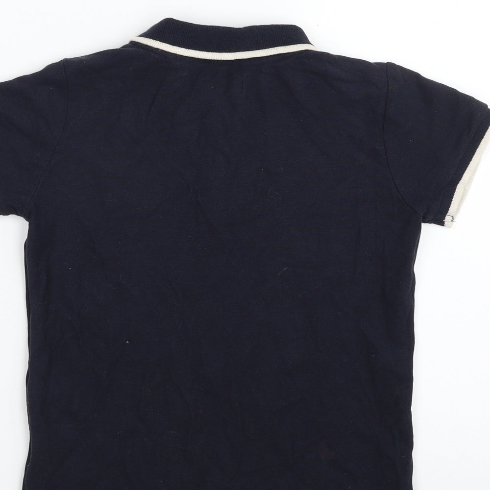 Brand and care label for Ripstop boys’ blue 100% cotton basic polo, size S, collared button
