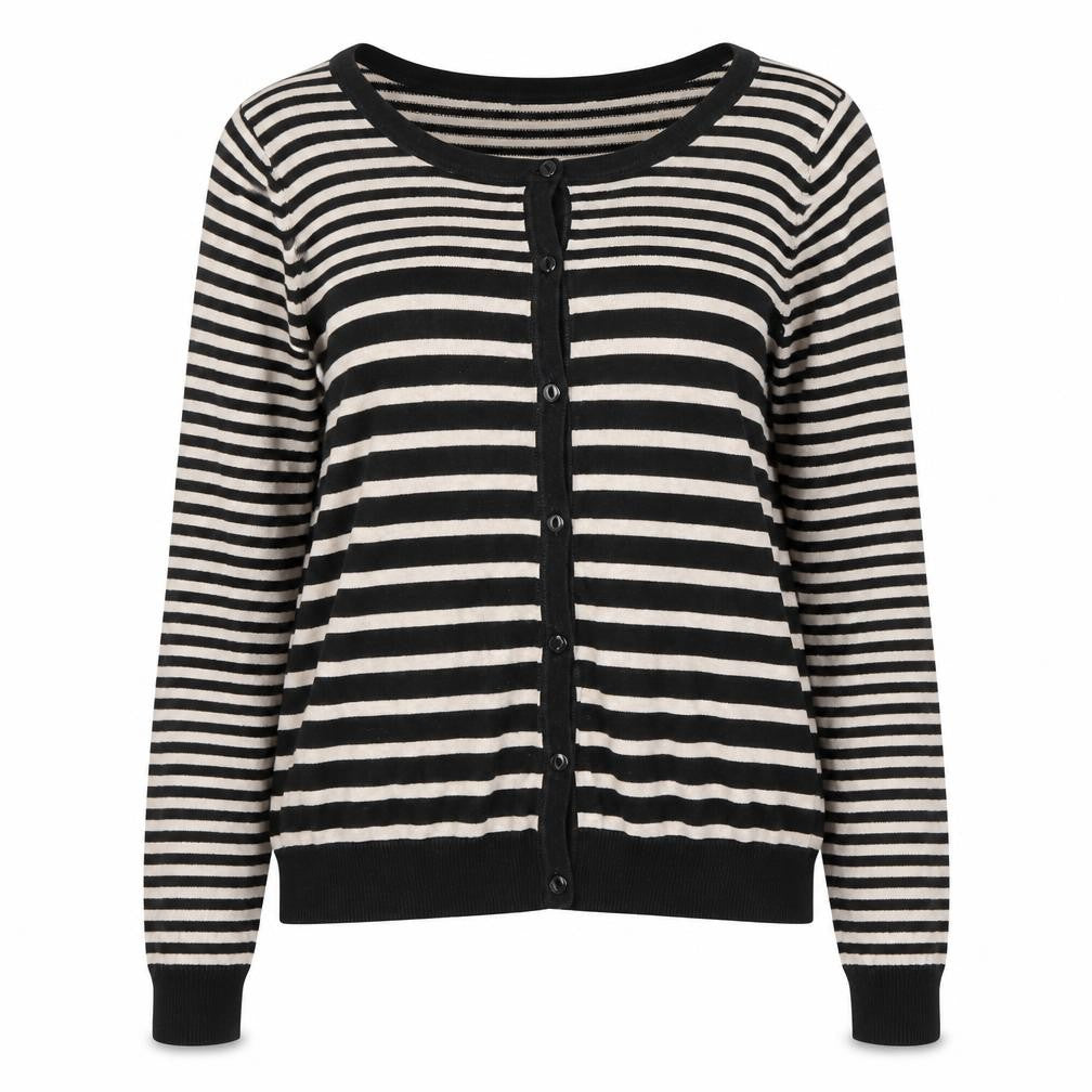 Front view of H&M women’s multicoloured round neck striped cotton cardigan jumper, size XS