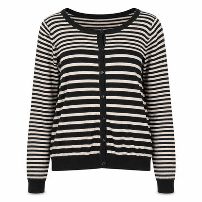 Front view of H&M women’s multicoloured round neck striped cotton cardigan jumper, size XS