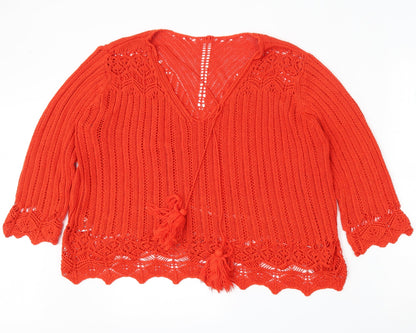 Peacocks Womens Red V-Neck  Acrylic Pullover Jumper Size L