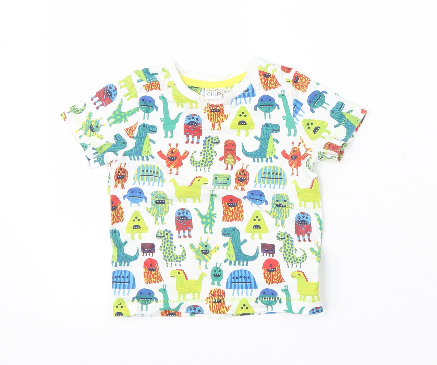 Mini Club Boys White Geometric Cotton Basic T-Shirt Size 12-18 Months Round Neck  - dinosaur