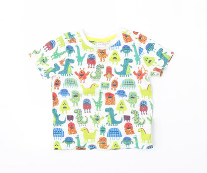 Mini Club Boys White Geometric Cotton Basic T-Shirt Size 12-18 Months Round Neck  - dinosaur