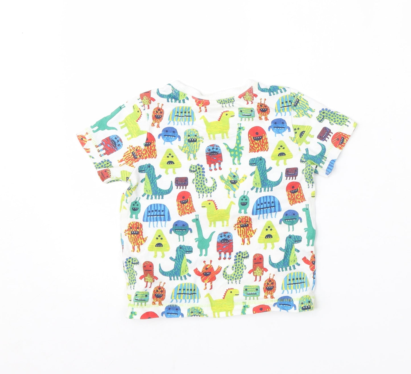 Mini Club Boys White Geometric Cotton Basic T-Shirt Size 12-18 Months Round Neck  - dinosaur