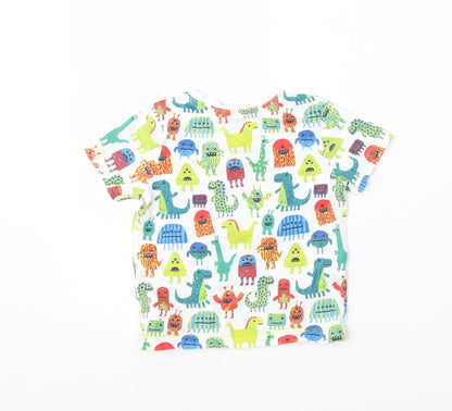 Mini Club Boys White Geometric Cotton Basic T-Shirt Size 12-18 Months Round Neck  - dinosaur
