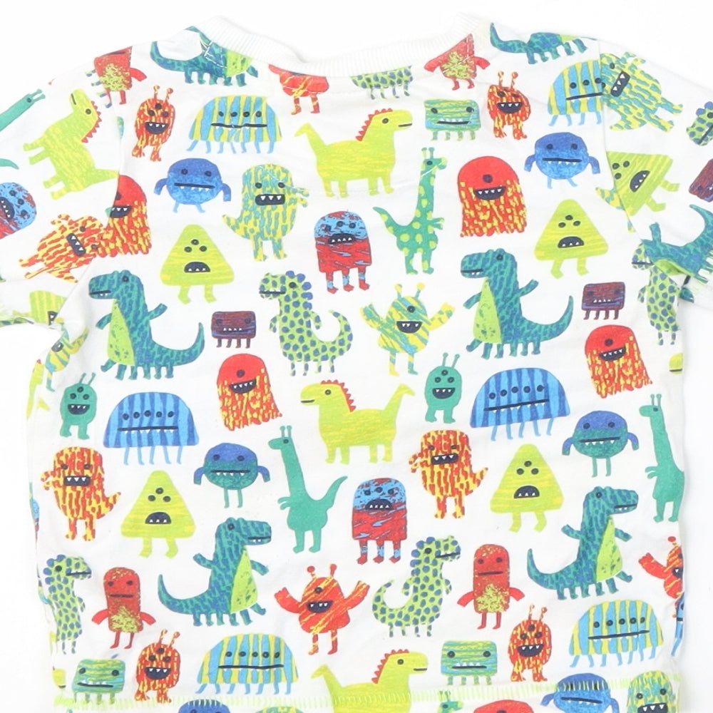 Mini Club Boys White Geometric Cotton Basic T-Shirt Size 12-18 Months Round Neck  - dinosaur