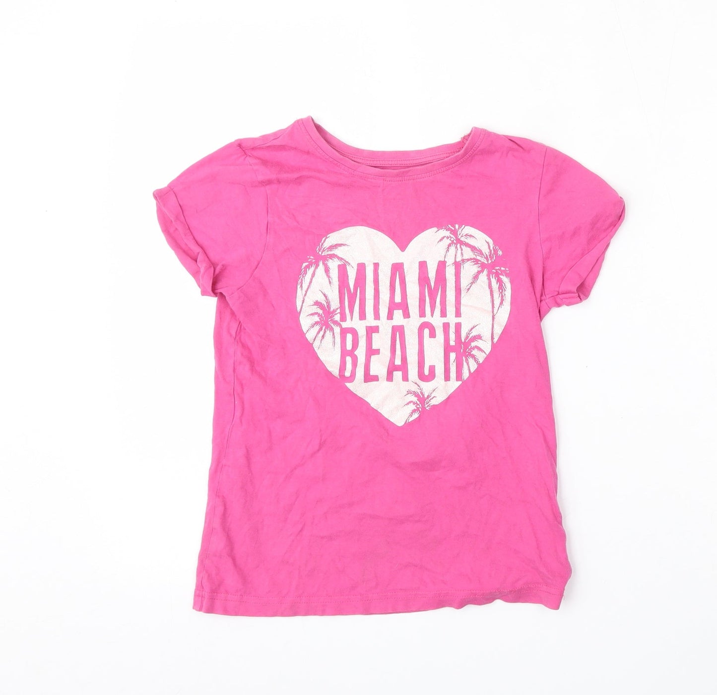 YD Girls Pink  Cotton Basic T-Shirt Size 9-10 Years Round Neck  - Miami Beach