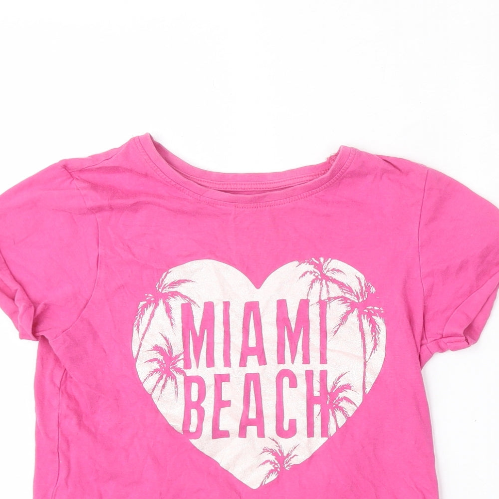 YD Girls Pink  Cotton Basic T-Shirt Size 9-10 Years Round Neck  - Miami Beach