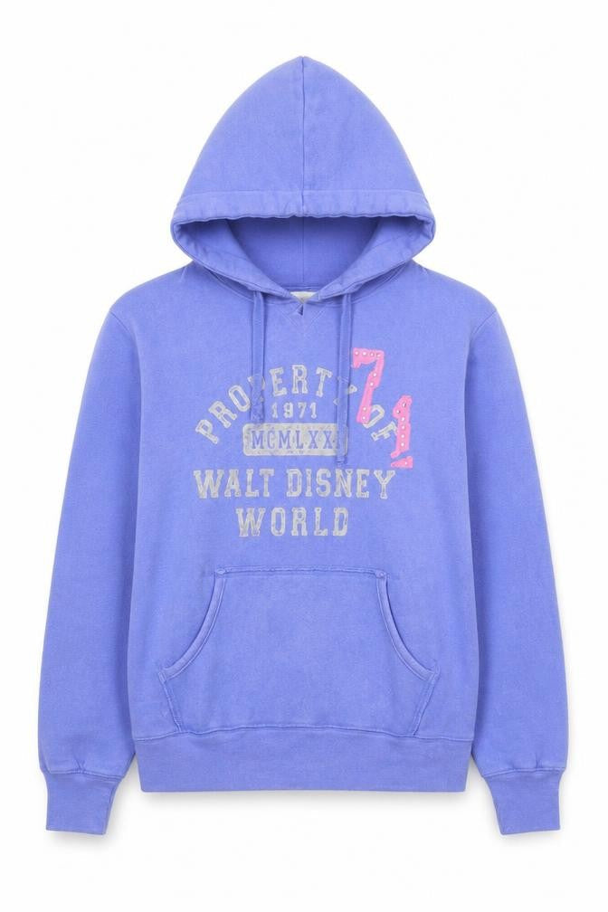 Front view of Disney women’s blue cotton pullover hoodie, size S, tie