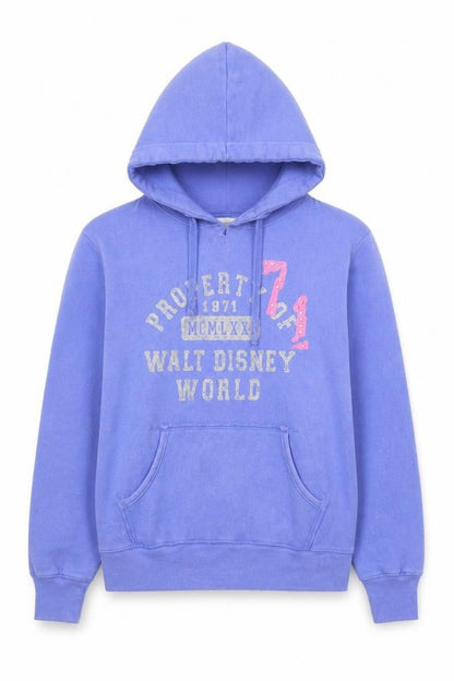 Front view of Disney women’s blue cotton pullover hoodie, size S, tie