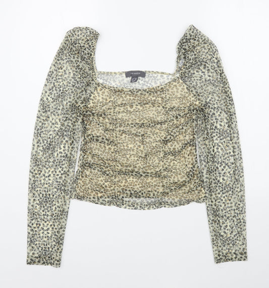 Primark Womens Brown Animal Print Polyester Basic Blouse Size S Square Neck