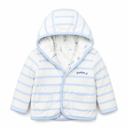 Front view of Debenhams boys’ blue striped jacket, size 3-6, months button - junior j