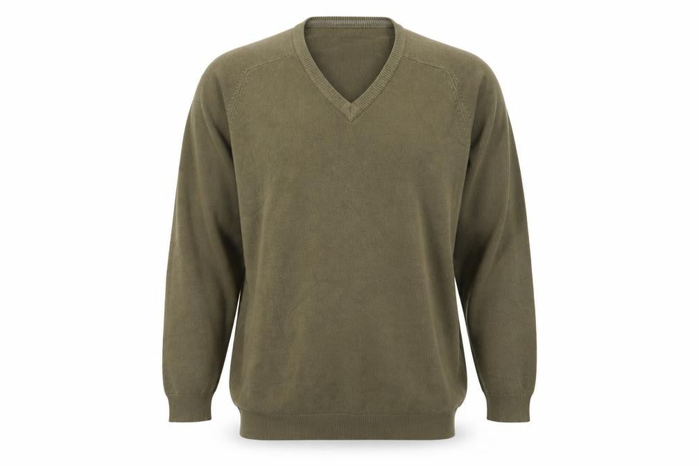 Front view of Wolsey men’s white v-neck geometric acrylic jumper, size L