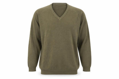 Front view of Wolsey men’s white v-neck geometric acrylic jumper, size L