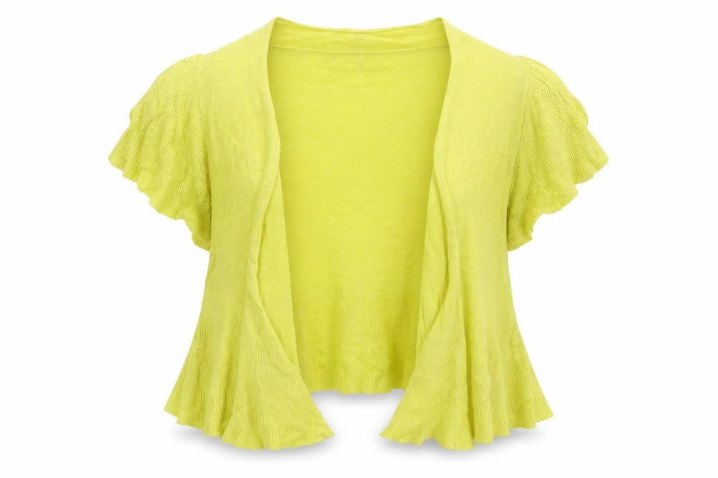 Front view of Marks & Spencer women’s yellow v-neck linen cardigan jumper, size UK 10