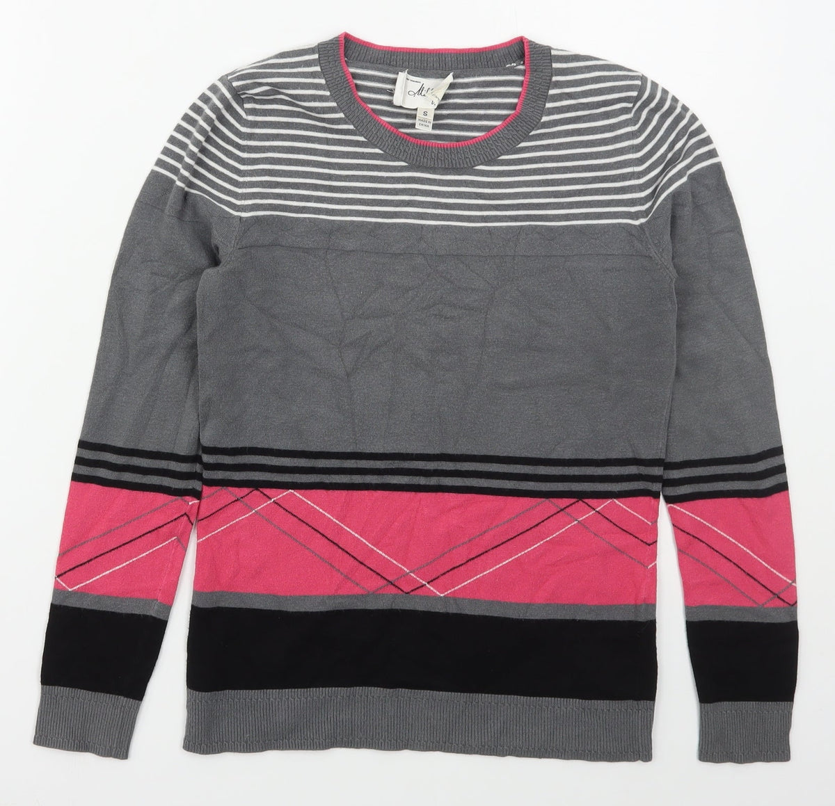 Additional front view of MILLY women’s grey crew neck striped viscose jumper, size S