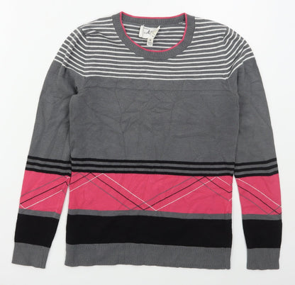 Additional front view of MILLY women’s grey crew neck striped viscose jumper, size S