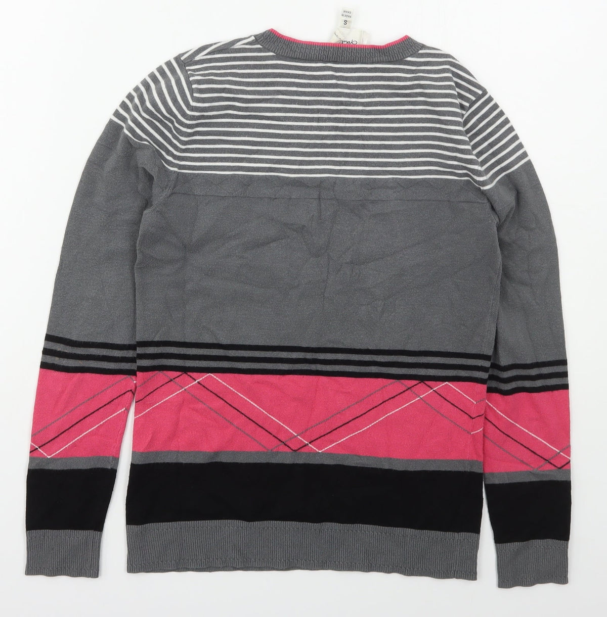 Back view of MILLY women’s grey crew neck striped viscose jumper, size S