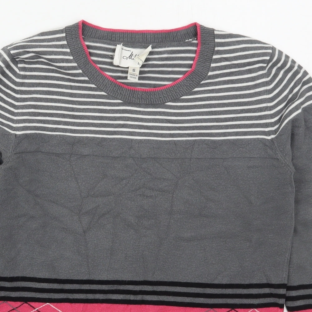 Close-up detail of MILLY women’s grey crew neck striped viscose jumper, size S