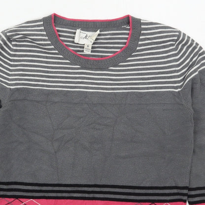 Close-up detail of MILLY women’s grey crew neck striped viscose jumper, size S