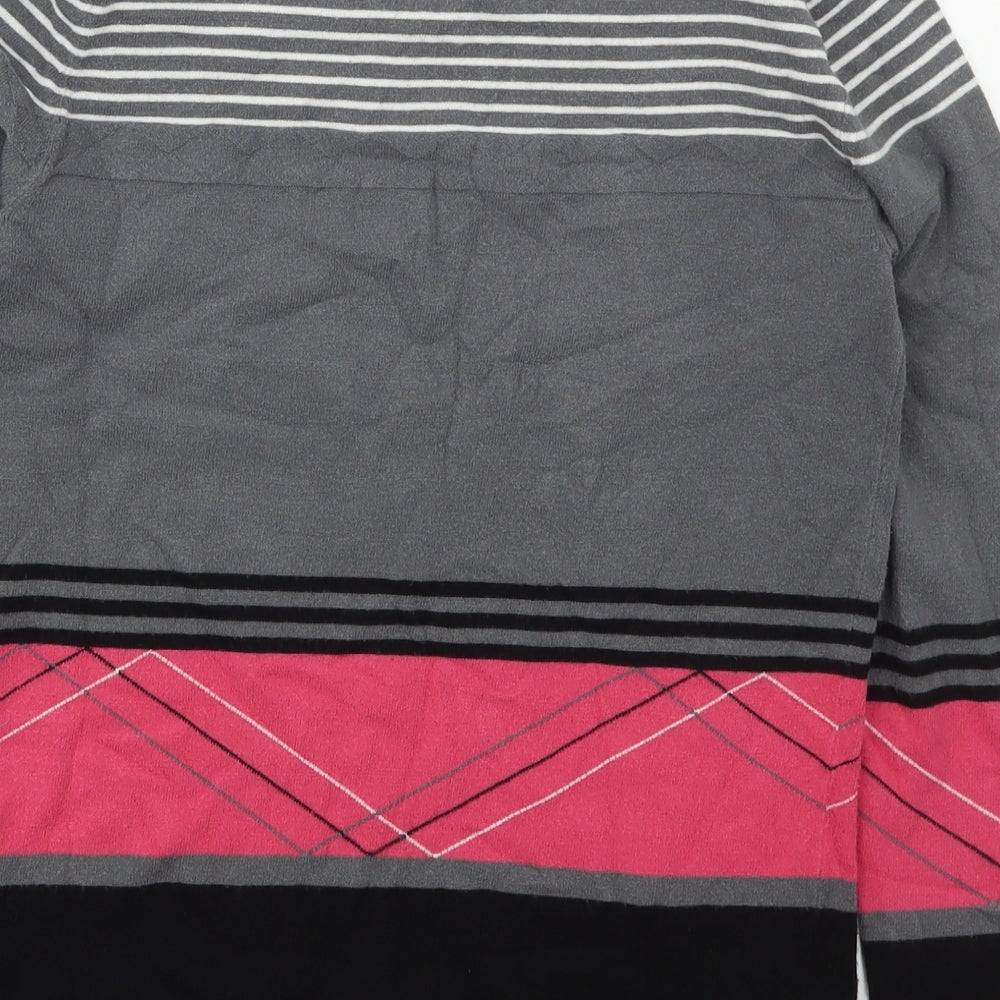 Brand and care label for MILLY women’s grey crew neck striped viscose jumper, size S