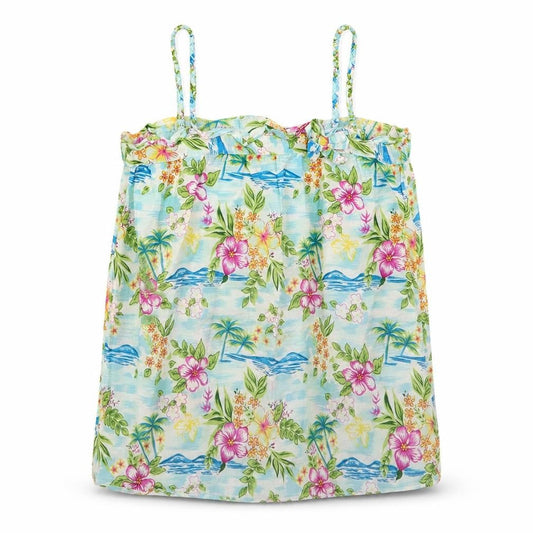 Front view of United Colours of Benetton women’s blue floral cotton basic tank, size S, square neck