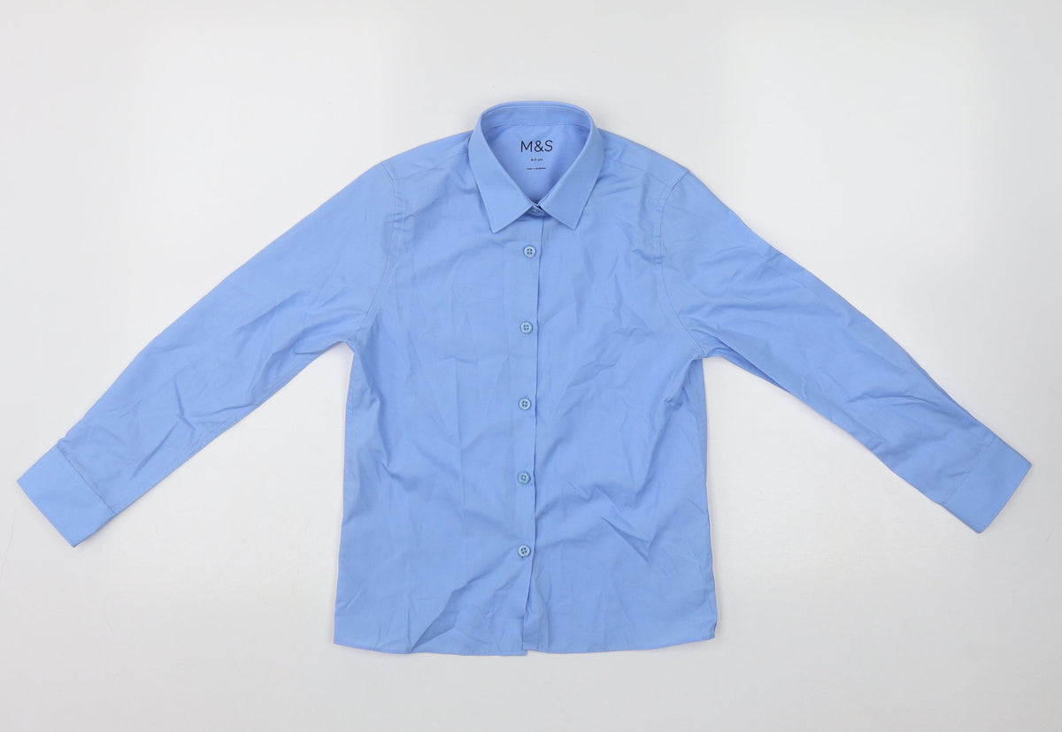 Additional front view of Marks & Spencer boys’ blue polyester basic button-up, size 8-9, years collared button