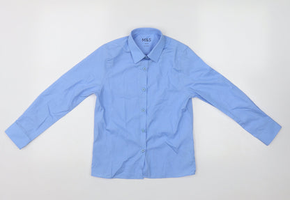 Additional front view of Marks & Spencer boys’ blue polyester basic button-up, size 8-9, years collared button