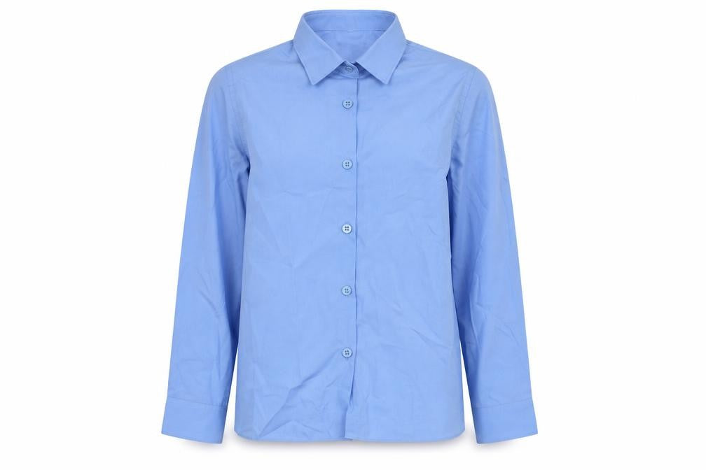 Front view of Marks & Spencer boys’ blue polyester basic button-up, size 8-9, years collared button