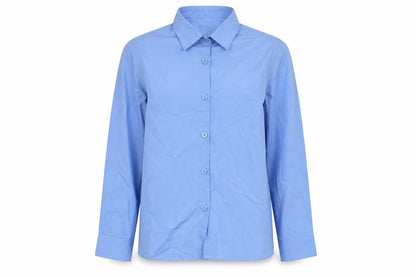 Front view of Marks & Spencer boys’ blue polyester basic button-up, size 8-9, years collared button
