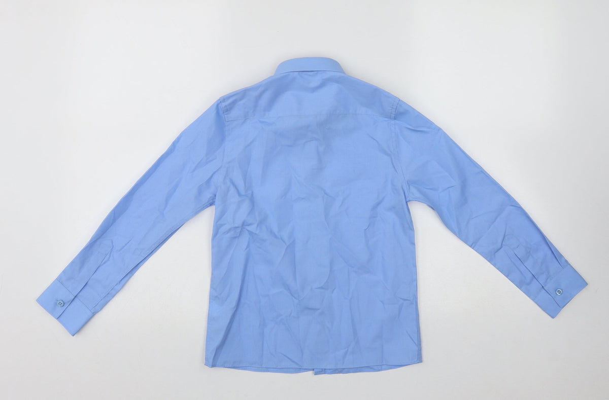 Back view of Marks & Spencer boys’ blue polyester basic button-up, size 8-9, years collared button