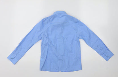Back view of Marks & Spencer boys’ blue polyester basic button-up, size 8-9, years collared button