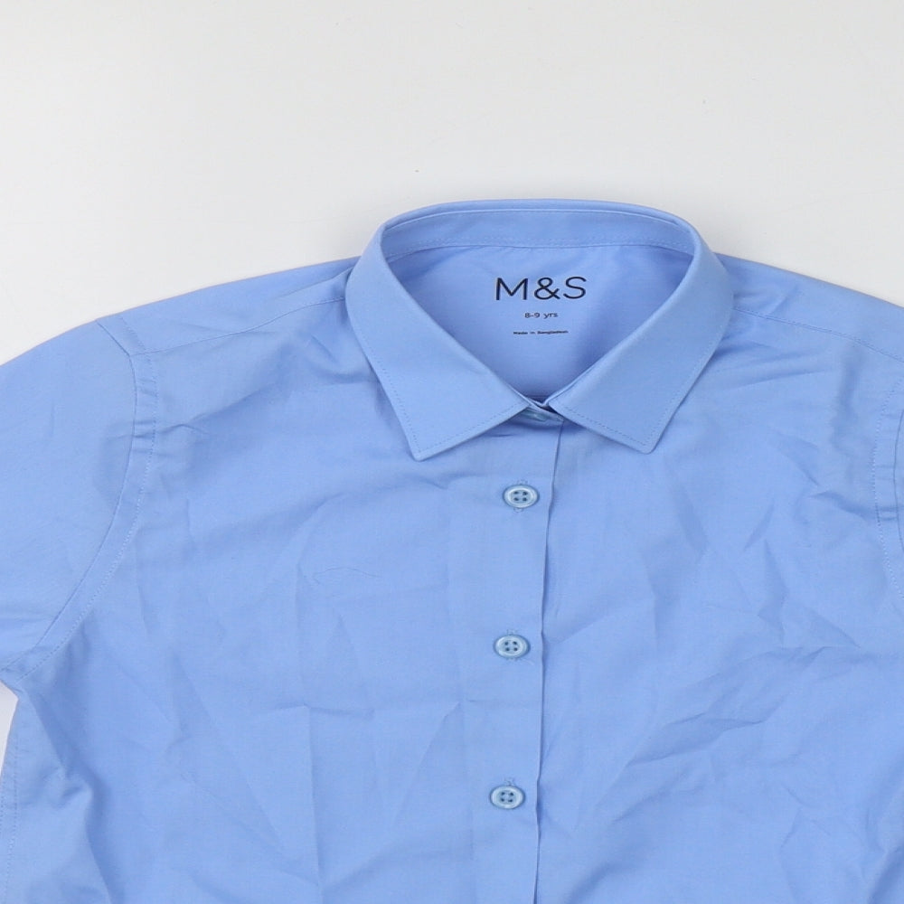 Close-up detail of Marks & Spencer boys’ blue polyester basic button-up, size 8-9, years collared button