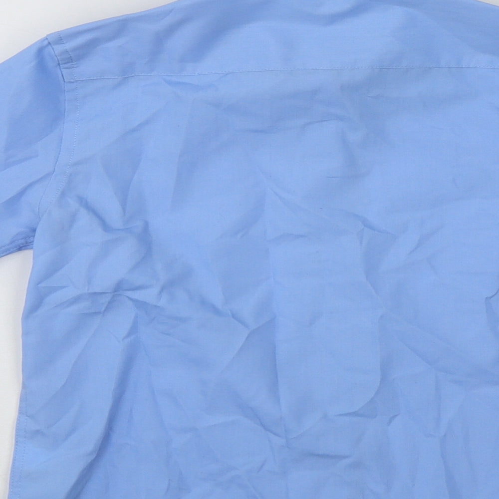 Brand and care label for Marks & Spencer boys’ blue polyester basic button-up, size 8-9, years collared button