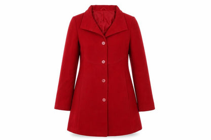 Front view of Mystify women’s red overcoat coat, size UK 12, button