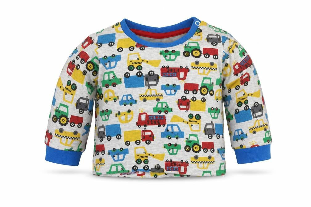 Front view of Primark boys’ multicoloured cotton basic casual, size 6-9, months round neck button - cars