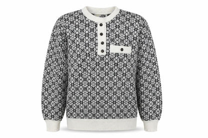 Front view of Merry Gold women’s multicoloured round neck geometric acrylic jumper, size M