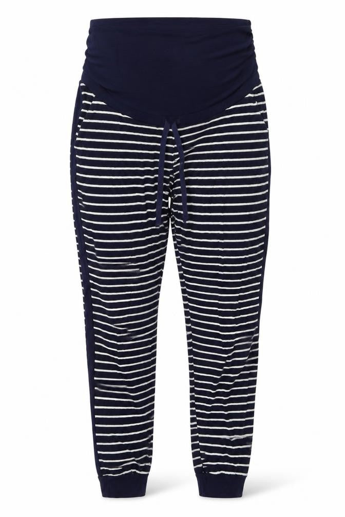 Front view of JoJo Maman Bébé women’s blue striped viscose jogger trousers, size S, 28-inch leg slim