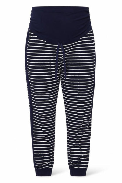 Front view of JoJo Maman Bébé women’s blue striped viscose jogger trousers, size S, 28-inch leg slim