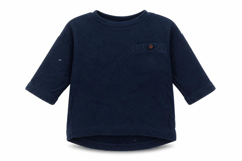 Front view of Next boys’ blue 100% cotton pullover t-shirt, size 3-6, months round neck pullover