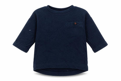 Front view of Next boys’ blue 100% cotton pullover t-shirt, size 3-6, months round neck pullover