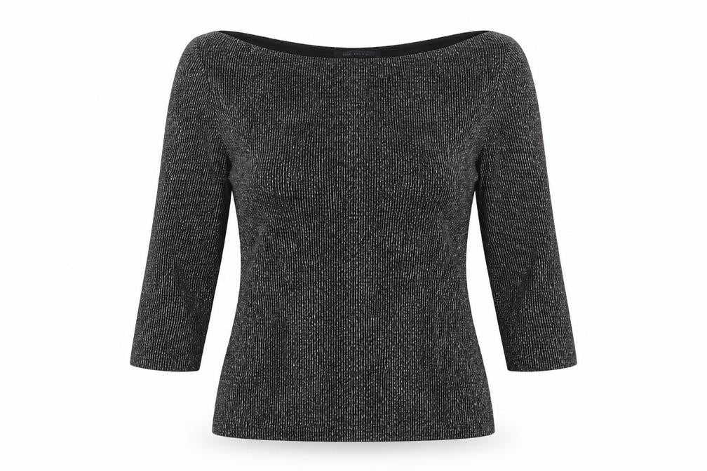 Front view of Marks & Spencer women’s black polyester jersey blouse, size UK 8, boat neck