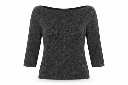 Front view of Marks & Spencer women’s black polyester jersey blouse, size UK 8, boat neck