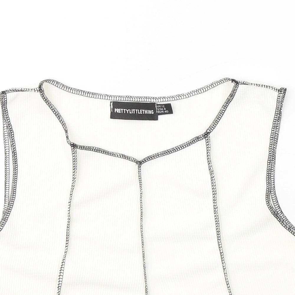 PRETTYLITTLETHING Womens White  Cotton Cropped Tank Size 12 Round Neck