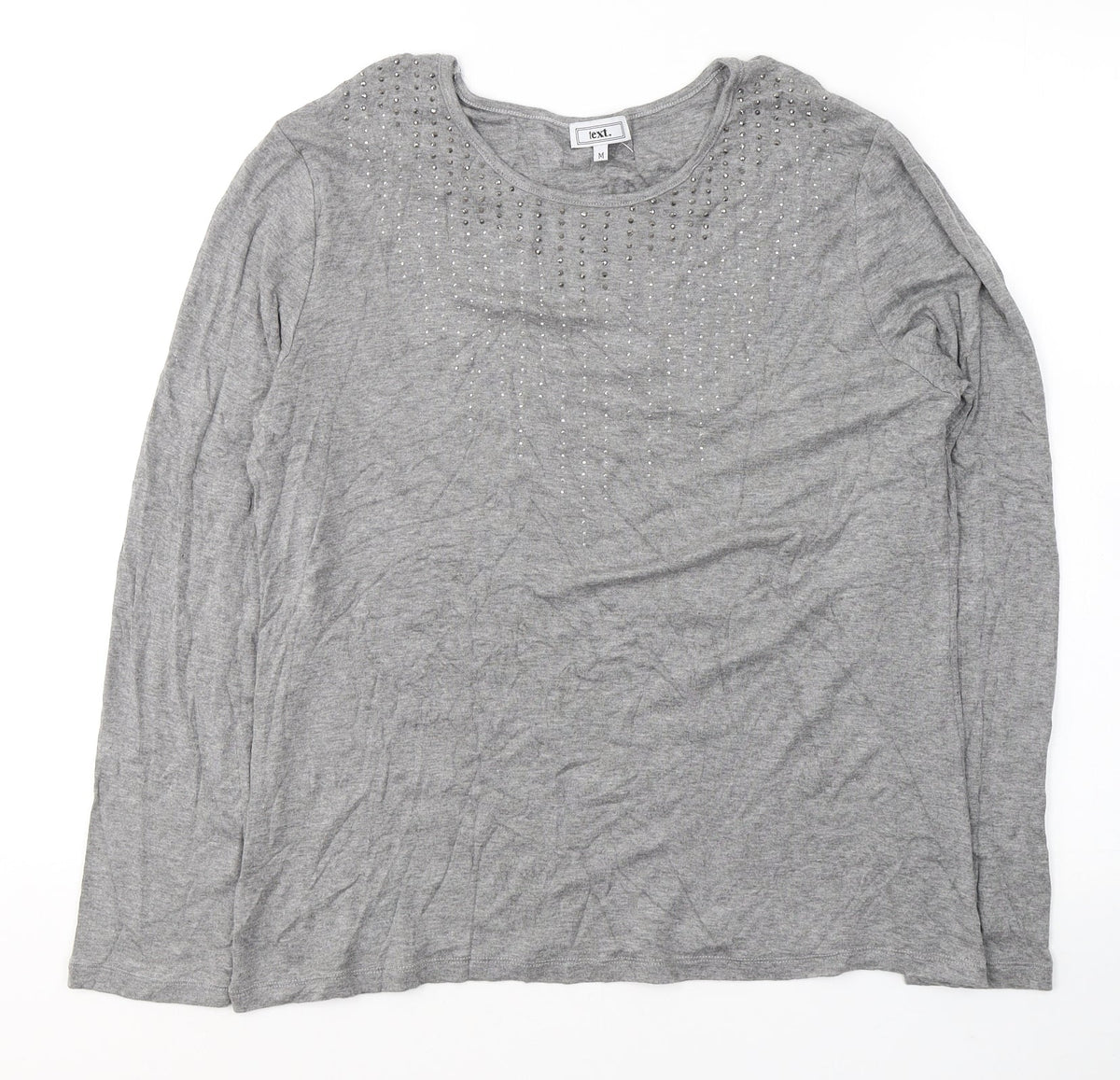 Additional front view of text. women’s grey viscose jersey blouse, size M, round neck