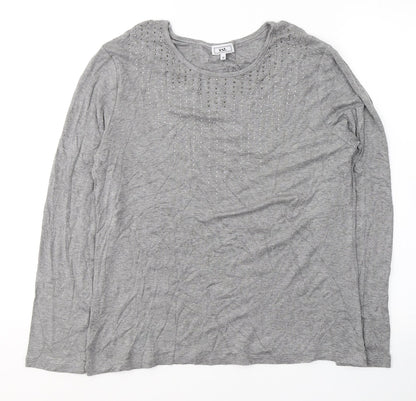 Additional front view of text. women’s grey viscose jersey blouse, size M, round neck